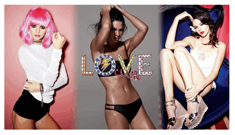Κολάζ τριών φωτογραφιών της Kendall Jenner από φωτογράφιση για το περιοδικό Love.