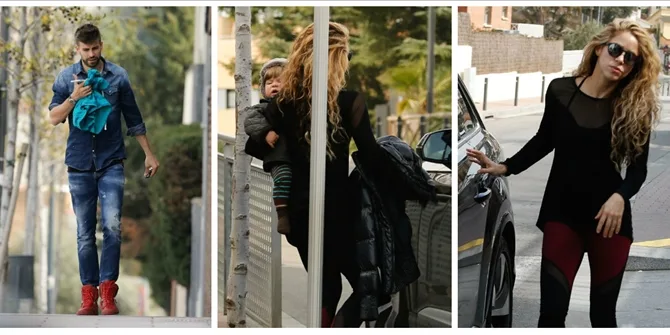 Η Shakira και ο Gerard Pique με το παιδί τους σε εξωτερικό χώρο.