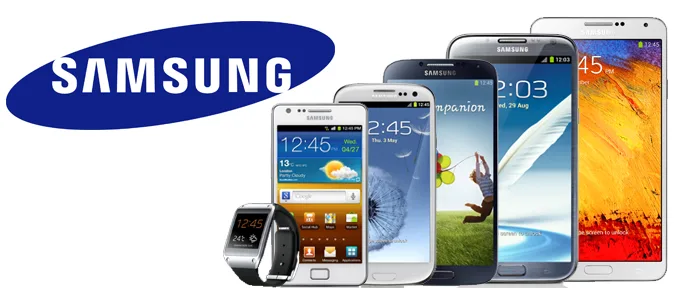 Το λογότυπο της Samsung δίπλα σε διάφορα smartphones και ένα smartwatch της εταιρείας.