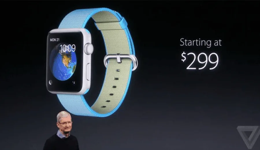 Παρουσίαση του Apple Watch με τιμή εκκίνησης 299 δολάρια και τον Tim Cook στο βάθος.