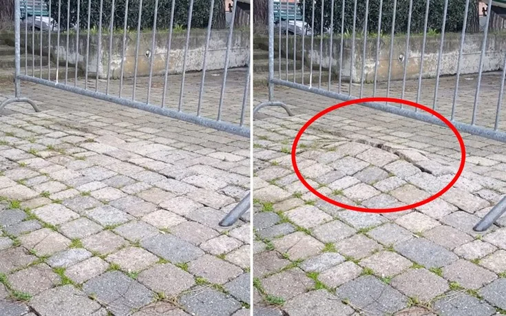 Πεζοδρόμιο με κυβόλιθους που φαίνεται να ανασηκώνεται.