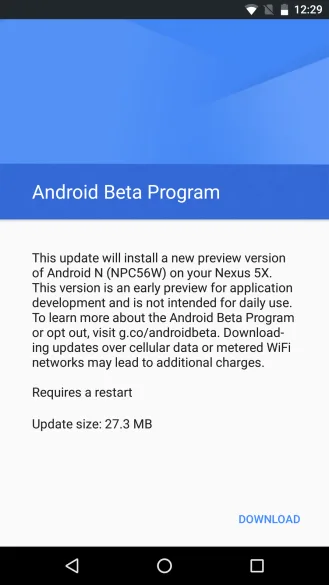 Στιγμιότυπο οθόνης από την αναβάθμιση Android Beta Program σε Nexus 5X.