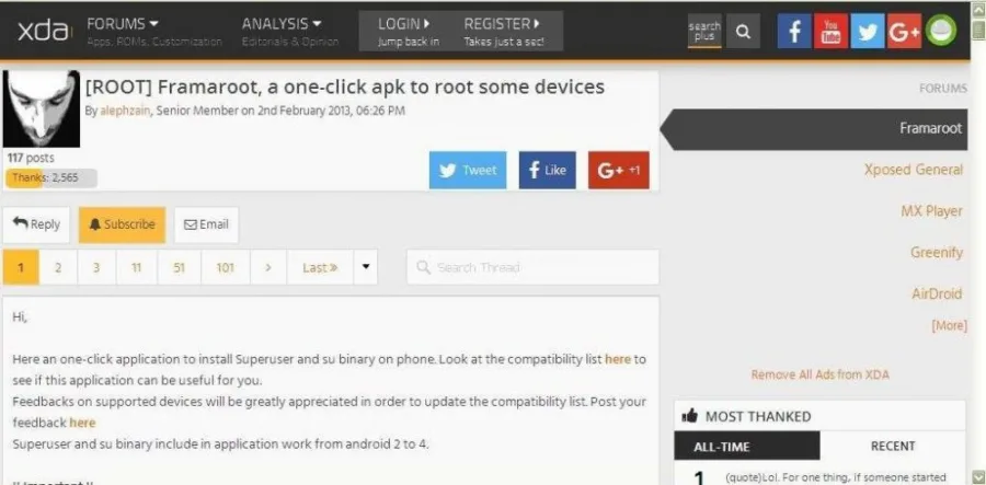 Στιγμιότυπο οθόνης από το φόρουμ XDA Developers για την εφαρμογή Framaroot.