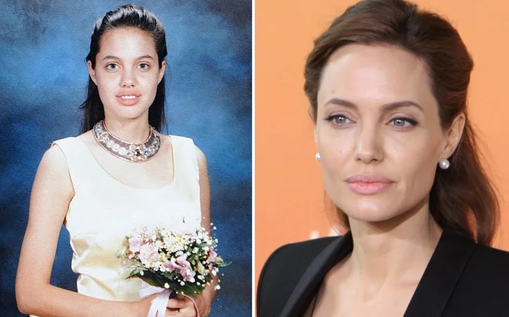Κολάζ με την Angelina Jolie στην εφηβεία και σε πρόσφατη φωτογραφία.