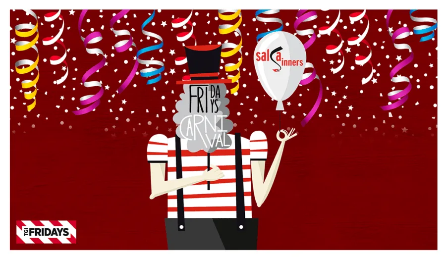 Αφίσα για το Carnival Costume Party των TGI Fridays με εικονογράφηση καρναβαλιστή.