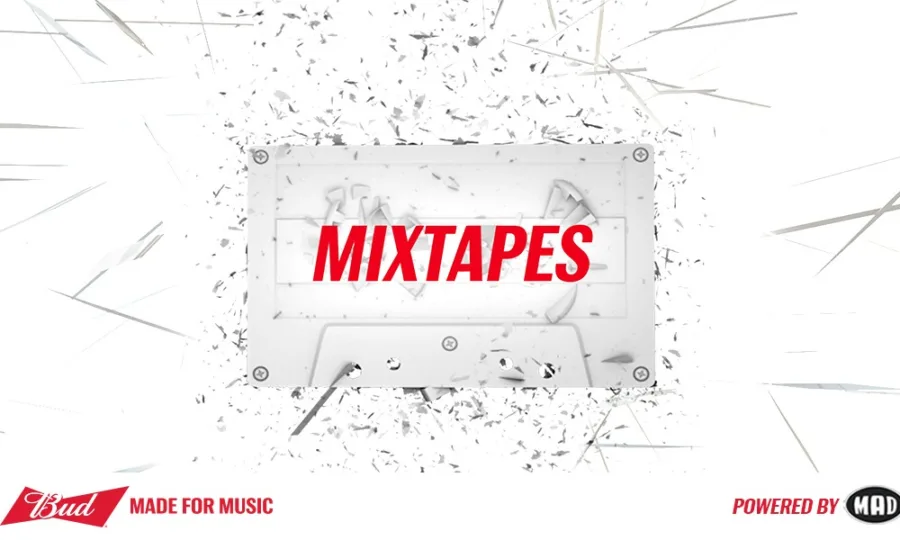 Λογότυπο Mixtapes με μια λευκή κασέτα που σπάει σε λευκό φόντο.