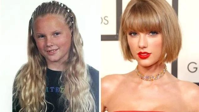 Κολάζ με την Taylor Swift σε παιδική ηλικία και σε πρόσφατη εμφάνιση.