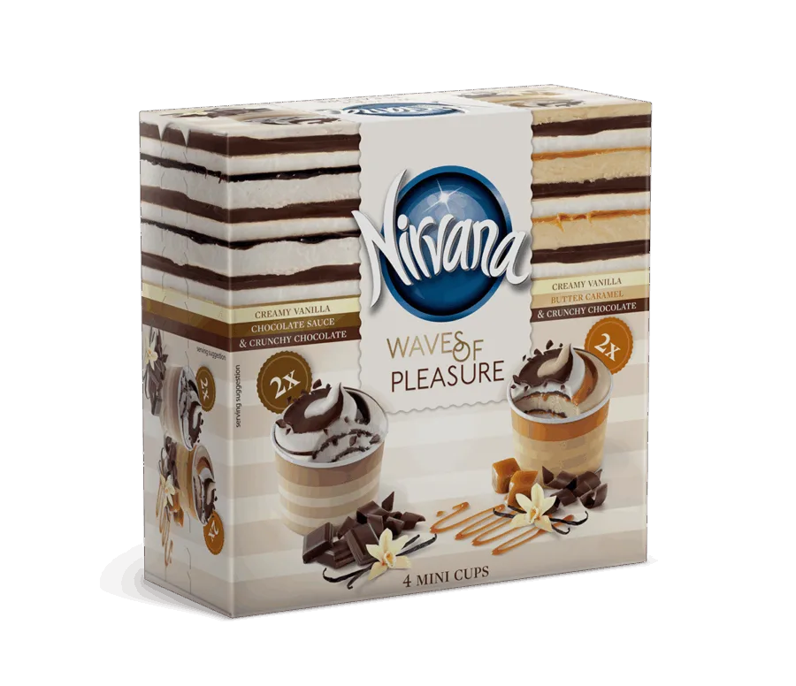 Συσκευασία παγωτού NIRVANA Waves of Pleasure με 4 mini cups.