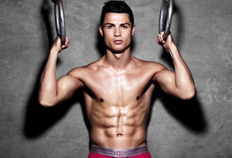 Ο Cristiano Ronaldo ποζάρει ημίγυμνος κρατώντας κρίκους γυμναστικής.