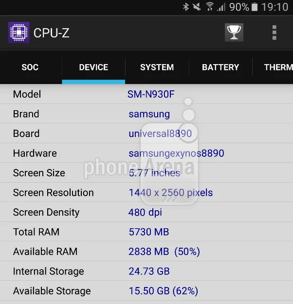 Screenshot από την εφαρμογή CPU-Z με τεχνικά χαρακτηριστικά του Samsung Galaxy Note 6.