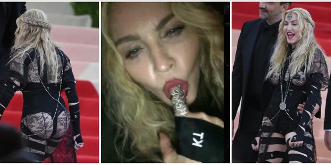 Κολάζ φωτογραφιών της Madonna από το Met Gala με προκλητική εμφάνιση.