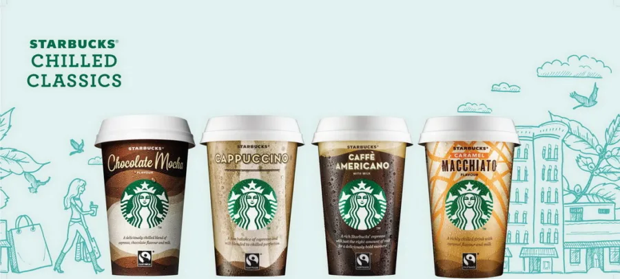 Τέσσερα ροφήματα Starbucks Chilled Classics σε σειρά.