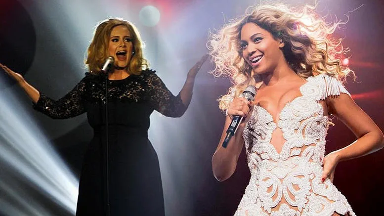 Η Adele και η Beyoncé σε κολλάζ φωτογραφιών από ζωντανές εμφανίσεις τους.