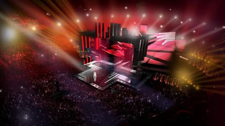 Η σκηνή της Eurovision 2016 στη Στοκχόλμη με εντυπωσιακά κόκκινα φώτα και πλήθος κόσμου.