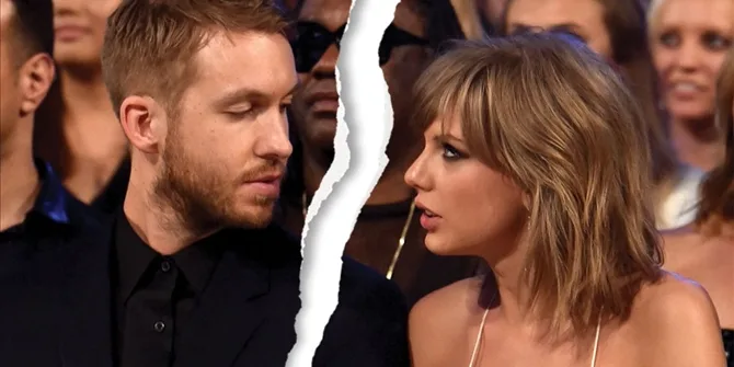 Ο Calvin Harris και η Taylor Swift σε εκδήλωση με εφέ σκισμένης φωτογραφίας ανάμεσά τους.
