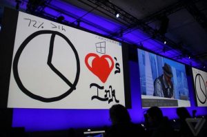 Παρουσίαση της Microsoft για τα Windows 10 με χειρόγραφα σχέδια σε μεγάλες οθόνες.