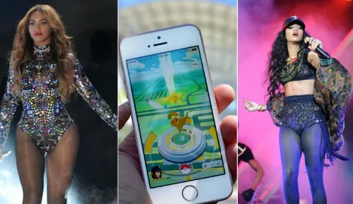 Κολάζ με την Beyoncé, ένα κινητό με το Pokemon Go και τη Rihanna στη σκηνή.