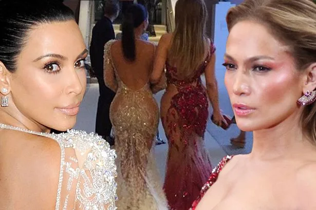 Η Kim Kardashian και η Jennifer Lopez σε κολλάζ φωτογραφιών από κοσμική εκδήλωση.