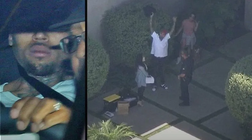 Κοντινό πλάνο του Chris Brown και πλάνο από τη σύλληψή του έξω από τη βίλα του.