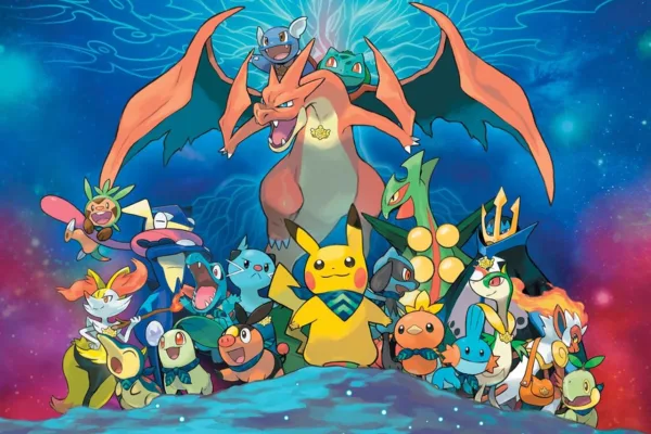 Πολύχρωμη εικονογράφηση με διάφορα Pokemon σε ένα κοσμικό φόντο.