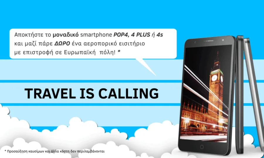 Διαφημιστικό banner για τα smartphone Alcatel POP4 με φόντο το Big Ben στο Λονδίνο.