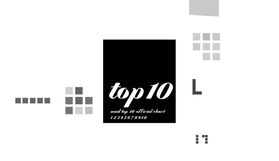Λογότυπο MAD TOP 10 Official Chart σε μαύρο φόντο με γεωμετρικά σχήματα.