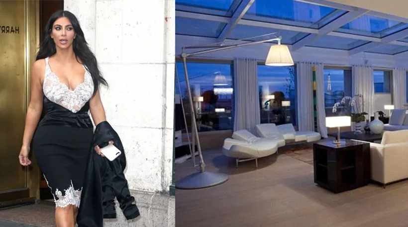 Η Kim Kardashian με μαύρο φόρεμα και δίπλα το εσωτερικό ενός πολυτελούς δωματίου ξενοδοχείου.