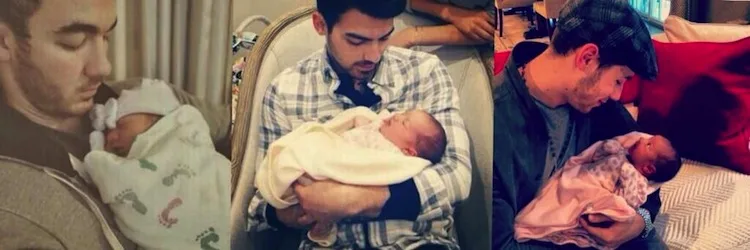 Κολάζ με τον Nick Jonas να κρατάει στην αγκαλιά του ένα νεογέννητο μωρό.