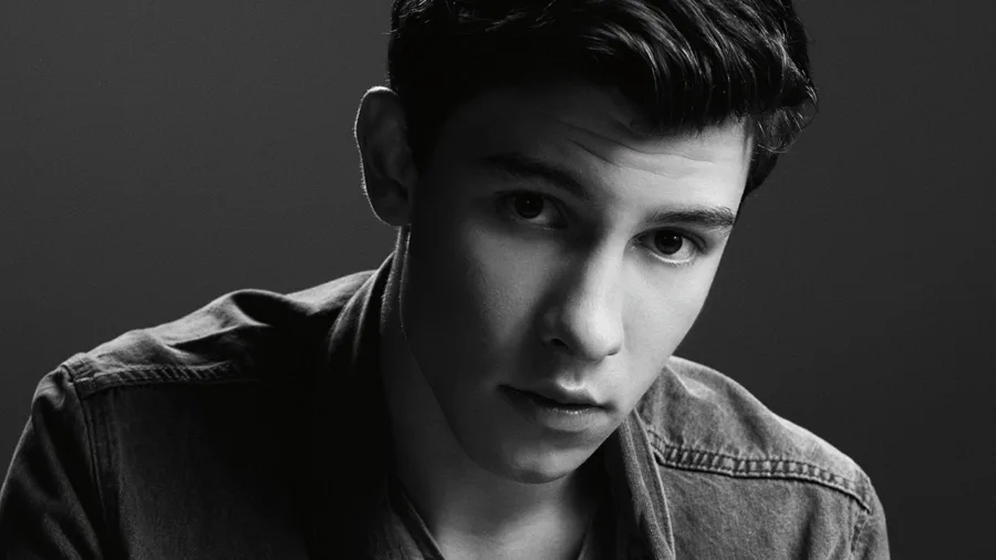 Ασπρόμαυρο κοντινό πορτρέτο του Shawn Mendes.