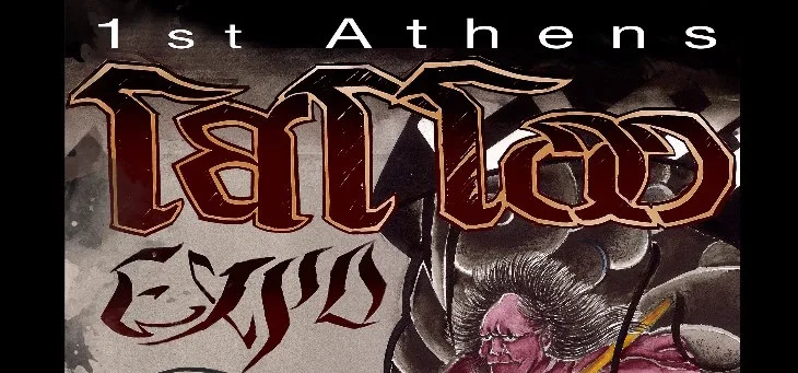 Αφίσα για το 1st Athens Tattoo Expo με γραφιστικά στοιχεία και εικονογράφηση.