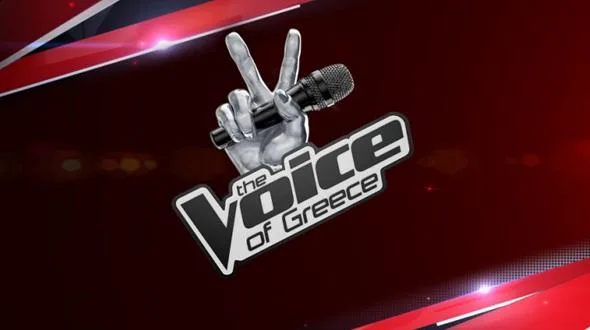 Το λογότυπο της εκπομπής The Voice of Greece σε κόκκινο φόντο.
