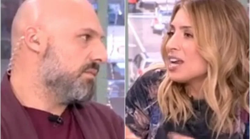 Ο Νίκος Μουτσινάς και η Μαρία Ηλιάκη σε τηλεοπτικό πλατό.