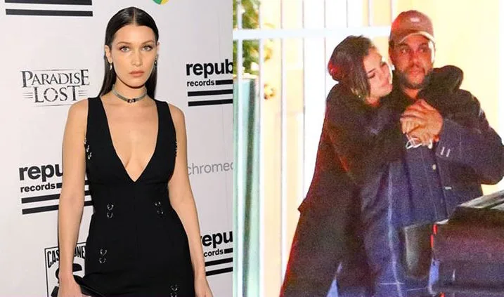 Η Bella Hadid αριστερά και η Selena Gomez αγκαλιά με τον The Weeknd δεξιά.
