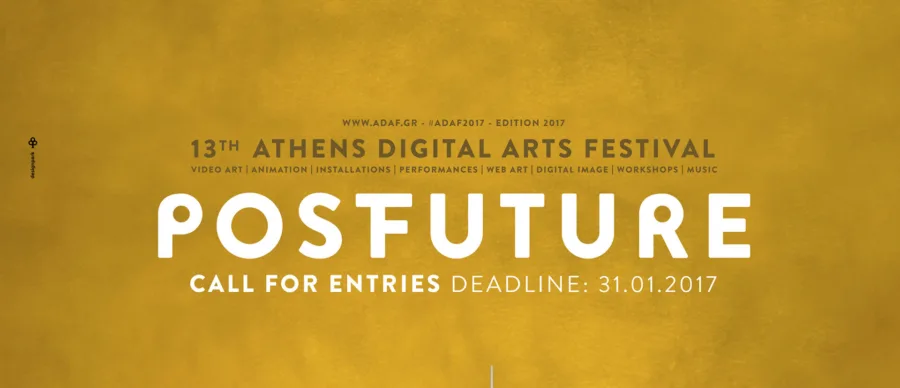 Αφίσα για το 13th Athens Digital Arts Festival με τίτλο Postfuture σε κίτρινο φόντο.