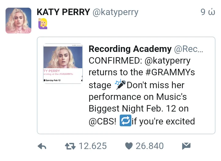 Στιγμιότυπο από το Twitter της Katy Perry που επιβεβαιώνει την εμφάνισή της στα βραβεία Grammy.