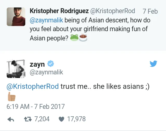 Στιγμιότυπο από το Twitter με διάλογο του Zayn Malik για την Gigi Hadid.