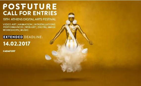 Αφίσα για το 13ο Athens Digital Arts Festival με τίτλο PostFuture και μια χρυσή ψηφιακή φιγούρα.