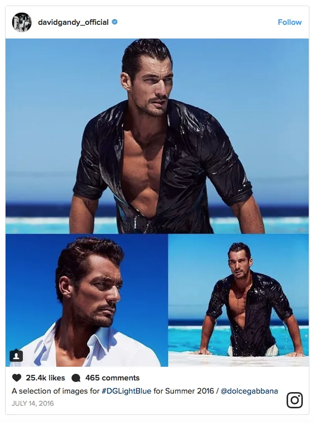 Κολάζ φωτογραφιών του David Gandy από καμπάνια σε παραλία.