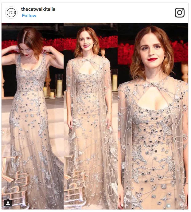 Η Emma Watson με εντυπωσιακή γκρι τουαλέτα με κεντήματα και κάπα.