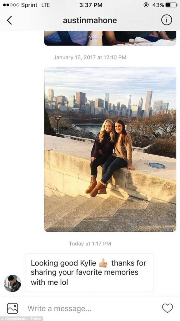 Στιγμιότυπο οθόνης από συνομιλία στο Instagram με τον Austin Mahone και φωτογραφία της Κέλι Μέλμπουρν.