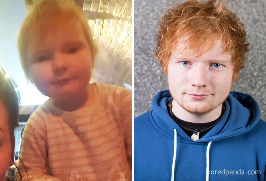 Ένα μωρό που μοιάζει στον Ed Sheeran δίπλα σε φωτογραφία του καλλιτέχνη.