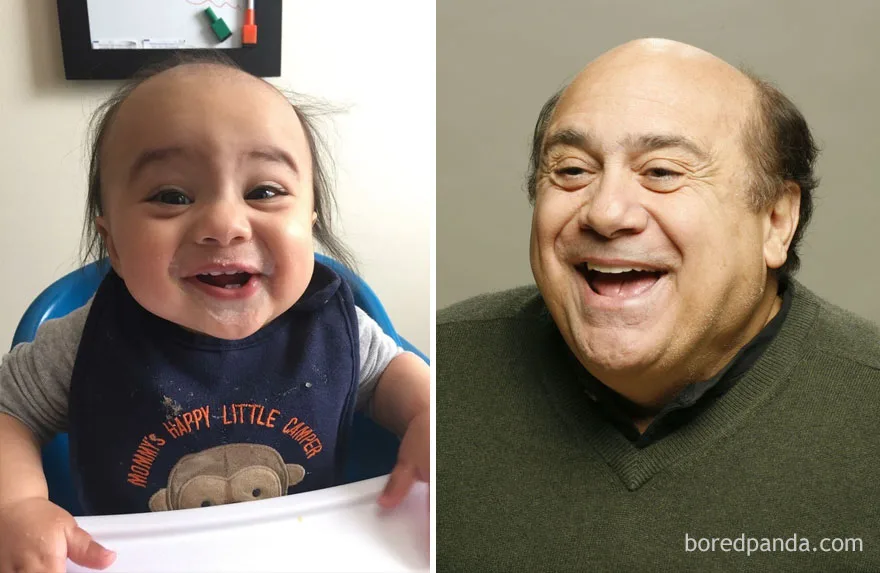 Ένα μωρό που γελάει δίπλα στον ηθοποιό Danny DeVito.