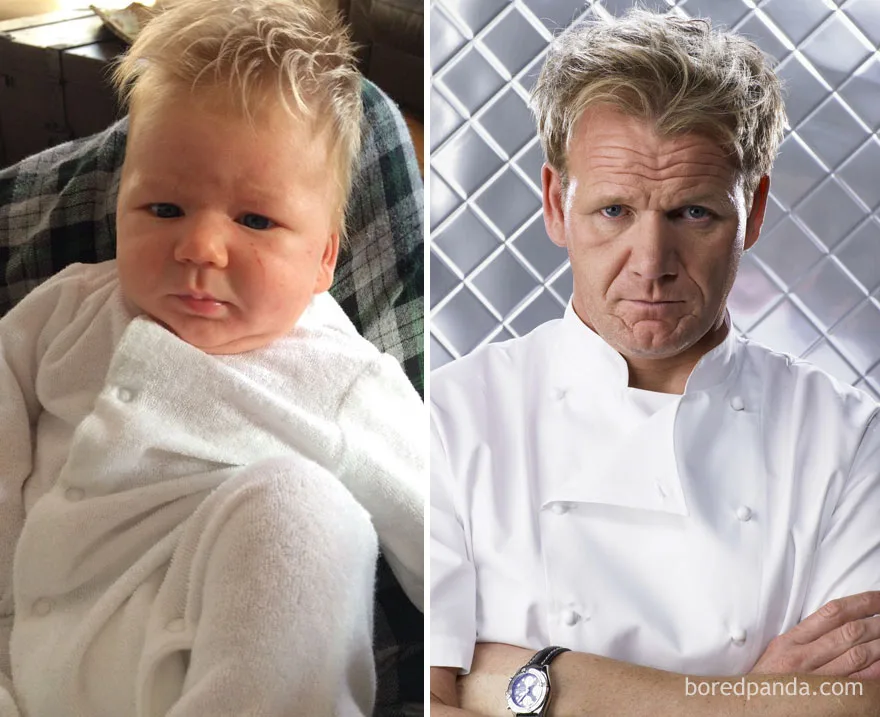 Ένα μωρό που μοιάζει στον Gordon Ramsay δίπλα σε φωτογραφία του σεφ.
