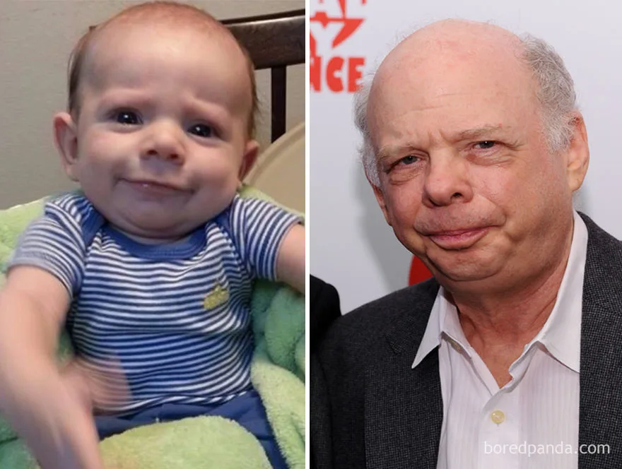 Ένα μωρό και ο ηθοποιός Wallace Shawn σε σύγκριση για την ομοιότητά τους.