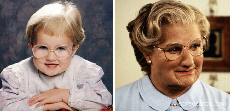 Ένα μωρό με γυαλιά δίπλα στον χαρακτήρα Mrs. Doubtfire.