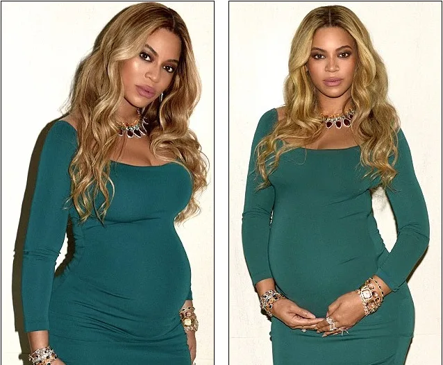 Η Beyonce με πράσινο εφαρμοστό φόρεμα κατά τη διάρκεια της εγκυμοσύνης της.