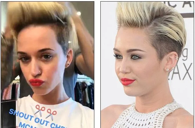 Η Katy Perry και η Miley Cyrus με παρόμοιο ξανθό κοντό κούρεμα σε κολάζ.