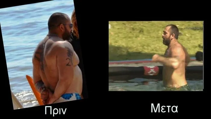 Ο Bo πριν και μετά την απώλεια 16 κιλών στο Survivor, δείχνοντας τη δραστική αλλαγή στην εμφάνισή του.