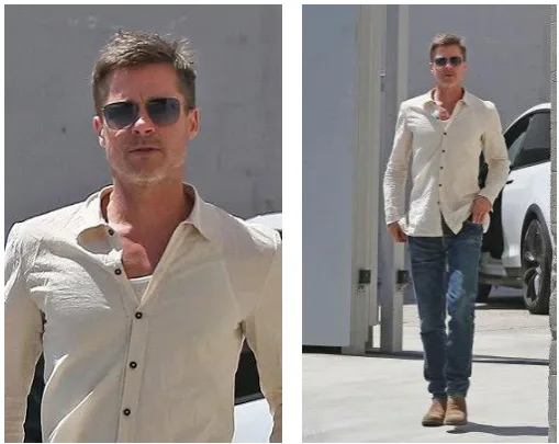 Ο Brad Pitt με γυαλιά ηλίου, μπεζ πουκάμισο και τζιν παντελόνι.
