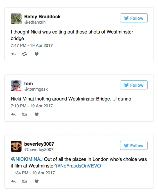 Στιγμιότυπα από αναρτήσεις χρηστών στο Twitter σχετικά με το βίντεο κλιπ της Nicki Minaj.